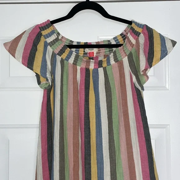 MARINE LAYER Shirley Rainbow Stripe Off Shoulder Ruffle Hem Mini Skirt Dress S - Picture 4 of 9